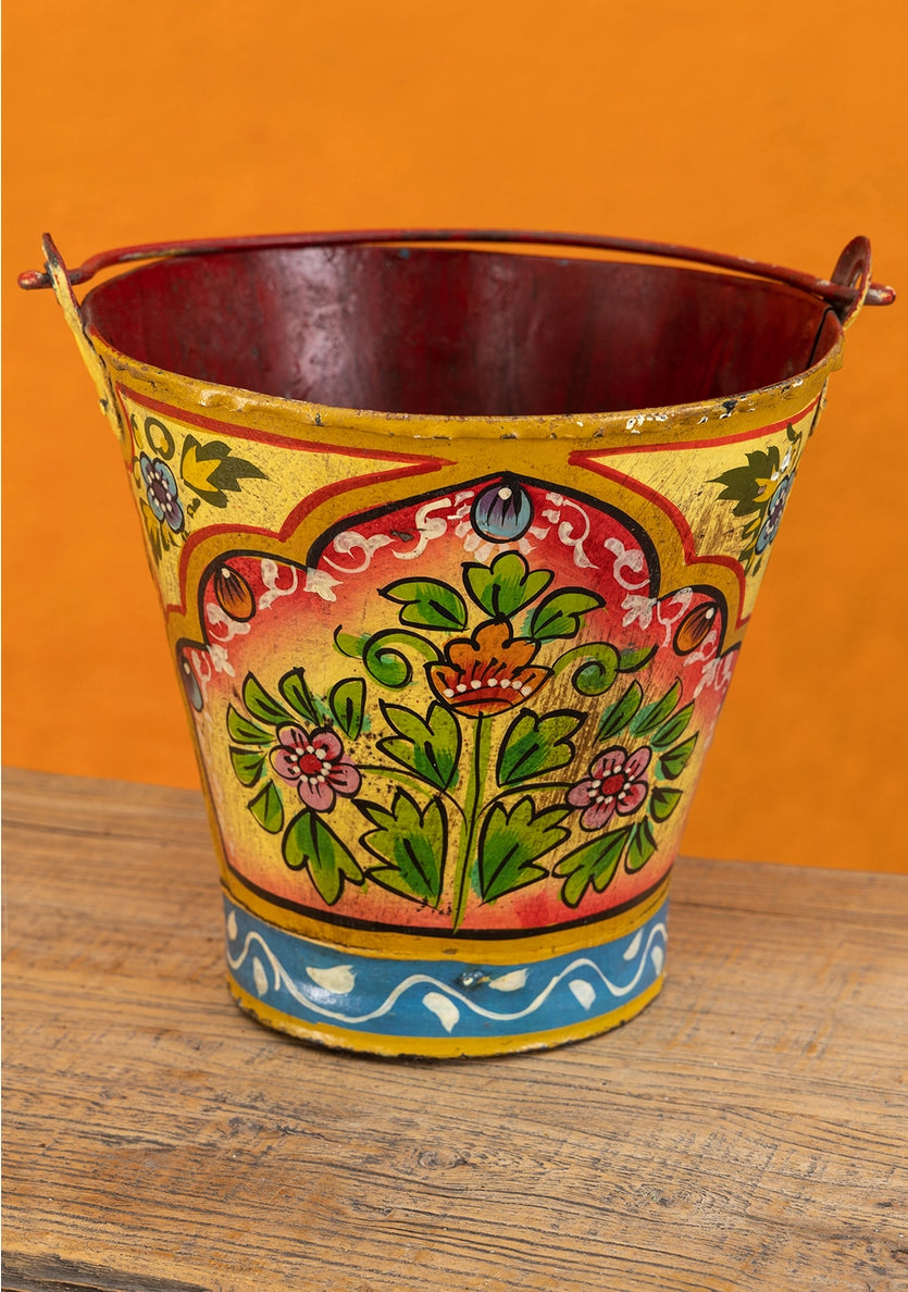 Vintage Iron Handpainted Bucket, Yellow